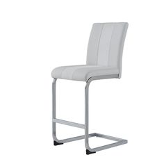 a white chair with metal legs and a seat cushion on the back, against a white background