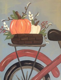 a painting of a bicycle with pumpkins and flowers in the basket