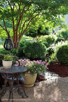 an outdoor patio with potted plants and flowers