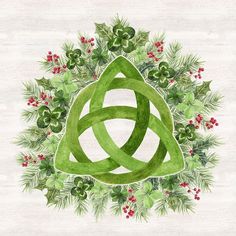 a watercolor drawing of a celtic knot surrounded by holly and berries