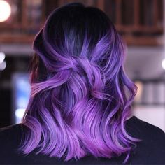 Purple Hair Color For Short Hair, Purple Long Bob, Brown To Purple Ombre Hair Medium Length, Light Purple Hair Balayage, Purple Color Hair Ideas, Dyed Hair Inspiration Short Hair Purple, Purple Dimensional Hair, Short Layered Purple Hair, Purple Hair 2023