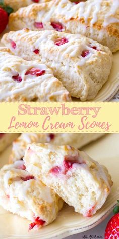 strawberry lemon cream scones on a white plate with strawberries and text overlay