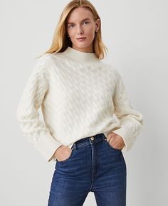 Stitched for warmth and texture, our cashmere cable sweater is a relaxed silhouette that's perfect for everyday. Mock neck. Long sleeves. Ribbed cuffs and hem.,Hit:22 1/2" long,Imported:Imported,Fit:Softly fitted,Length:22 1/2" long,Fabrication:100% Cashmrere,Garment Care:Dry Clean Only Cashmere Cable Sweater by Ann Taylor Size Classic - Medium Pale Ivory Women's Texture, Turtleneck, Long, Sleeve, Pullover, Sweaters, 100%, Cashmrere, Dry, Clean, Only Best Fall Sweaters Petite Sweaters, Deep Autumn, Turtleneck Long Sleeve, Shopping Wishlist, Cashmere Turtleneck, Cable Sweater, Fall Sweaters, Roll Neck, Winter Wear