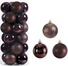 christmas balls and ornaments are in a clear box on a white background with space for text