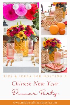 oranges and pink flowers are in vases on a table with other decorations for the new year's dinner party