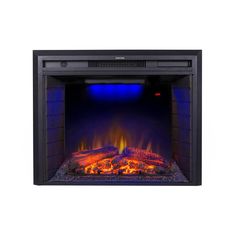 an electric fireplace with blue flames