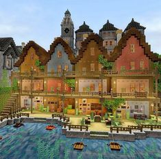 Cute Villager Houses Minecraft, Minecraft Castle With Village, Minecraft Howls Castle, Minecraft Swiss Village, Cute Minecraft Towns, Minecraft Village Ideas Buildings List, Minecraft Town Inspiration, Minecraft Town Themes, Minecraft Costal Village