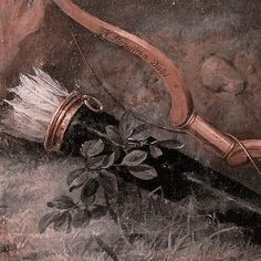 a painting of a bow and arrow on the ground next to a dead rose bush