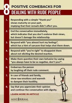 a poster with an image of a person holding a microphone and the words, 8 positive comebacks for dealing with rude people