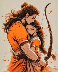 an image of a man and woman hugging each other while holding a bow in their hands