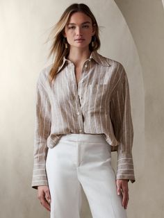 The Boxy Cropped Linen Shirt | Banana Republic Cropped Linen Shirt, Womens Linen Clothes, Linen Fiber, Outfits With Striped Shirts, Dressy Jeans, White Linen Blouse, Full Sleeve Blouse, Striped Shirt Women, Striped Linen Shirt