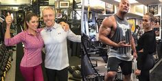 a man and two women standing in front of a gym machine with their arms around each other