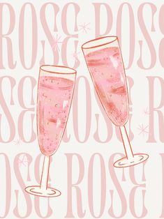 two champagne glasses with pink liquid in front of the words rose and sessor