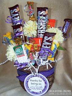 a basket filled with chocolate bars and candies