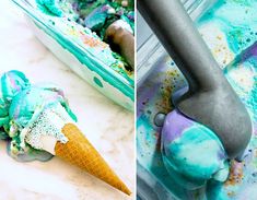 an ice cream sundae with sprinkles and blue icing on it