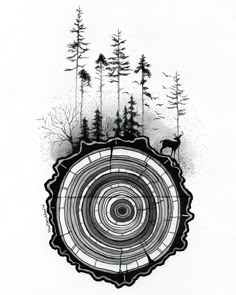 a black and white drawing of a tree stump with an animal in the center surrounded by trees