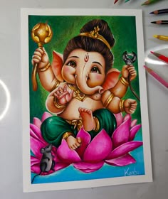 Easy God Paintings, Ganesha Art Drawing Paintings, God Art Drawing, Cute Ganesha Drawing, Ganapati Drawing, Cartoon Acrylic Painting, Ganesh Ji Drawing, Ganesh Drawing, Ganpati Drawing