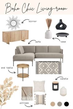 a living room mood board with neutrals and beige accents, including pillows, rugs,