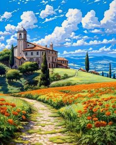 a painting of a house on a hill with flowers in the foreground and a path leading to it