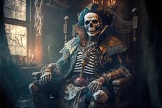 a skeleton sitting on top of a chair in a room