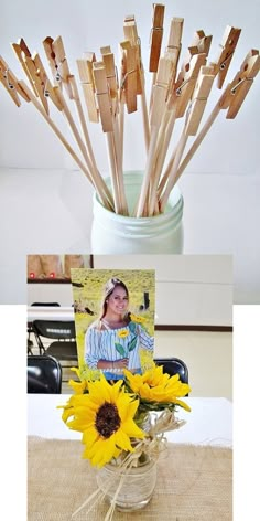 a vase filled with sunflowers sitting on top of a table next to a card