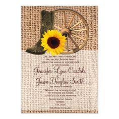 a wedding card with a sunflower and cowboy boots on burluck paper,