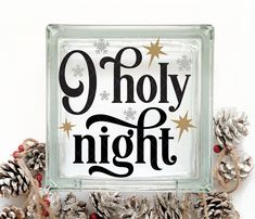 Vinyl Lettering Glass Block Decal O Holy Night Black Vinyl lettering with gold and silver metallic stars and snowflakes.  This listing is for one (1) vinyl lettering decal specifically designed to adhere to your own glass block but it could also be used to decorate a ceramic tile, wood sign board, plates and more. The decal is sized to fit the following glass block sizes: 7.50 x 7.50 block = 6.25 x 6.25 decal 5.50 x 5.50 block = 4.75 x 4.75 decal PLEASE NOTE: Vinyl colors will vary depending on Tile Wood, Sign Board, O Holy Night, Holy Night, Decal Design