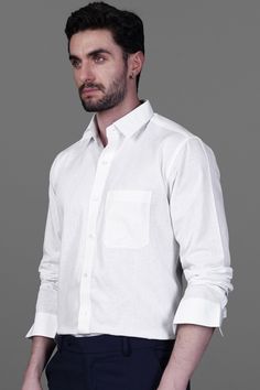 In our minds, there's not a situation you can't wear this White cotton and linen blend. It has a beautiful texture that's refined enough to be dressed up, yet funky enough to be worn casually at the beach. Wear this full sleeve shirt with Khaki chinos and leather loafers to seal your look. Fused collar and cuffs, collar stand and flat felled side seams provide structure and stability to all our shirts. 100 % Premium Linen; The airy, open weave of linen pairs with its natural moisture-wicking pro Full Sleeve Shirt, Khaki Chinos, Open Weave, Shirt Collection, Full Sleeves, Beach Wear, Pure Linen, Collar And Cuff, White Linen