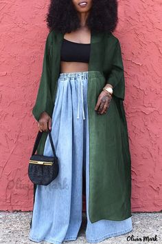 Olivia Mark - Elegante prenda exterior de patchwork sólido con un toque casual verde Solid Midi Dress, Mesh Jacket, Casual Outerwear, Long Kimono, Patchwork Designs, Casual Elegance, Batwing Sleeve, Olivia Mark