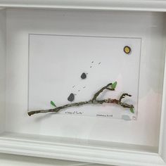 a white frame holding a piece of driftwood and rocks