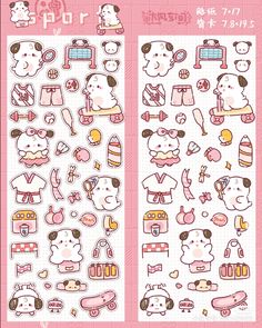 two stickers with different types of cartoon characters on the same sheet, one in pink and