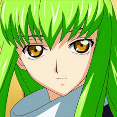 an anime character with green hair and yellow eyes