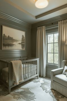 a baby's room with a crib, chair and painting on the wall