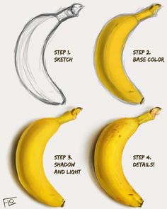 three bananas are shown with the steps to peel them