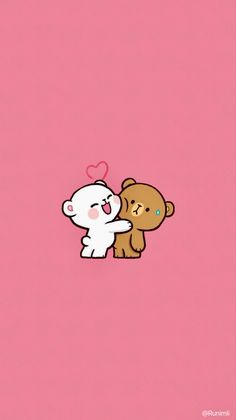 two teddy bears hugging each other on a pink background