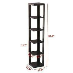 a tall black shelf with four shelves on each side and measurements for the top section