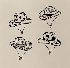 four hats with hearts on them are drawn in black and white, each one has a balloon