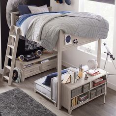 a bedroom with a bunk bed, desk and shelves