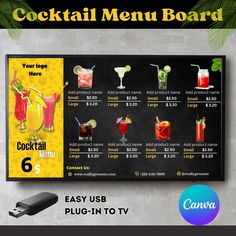 a menu board with drinks on it and the text, cocktail menu board 6 easy use plug - in to tv