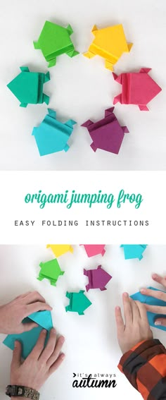 origami jumping frog easy folding instructions for kids and adults to make them look like they are playing in the water