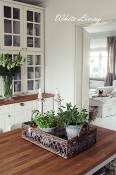 a wooden table topped with potted plants on top of a hard wood floored kitchen