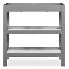 a gray shelf with two shelves on each side