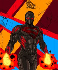 a drawing of a man with red eyes and a black suit holding fireballs in his hands