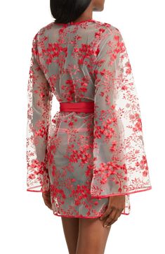 Cherry-red embroidered blossoms and branches overtake this sheer robe featuring lovely satin trim and wide, kimono-inspired sleeves. Long sleeves Removable sash Sheer 100% nylon Hand wash, dry flat Imported Mesh Robe, Coquette Floral, Embroidery Coat, Sheer Robe, Sheer Kimono, Vintage Couture, Southern Belle, Cherry Red, Future Wedding