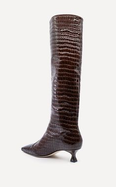 The Maverick Calf Boot is made from 100% Chrome-Free Calf Nappa Leather with a luxuriously thick embossed crocodile print texture. This style features a cowboy cut out contrast panel over the toes with heavy stitch detailing, soft suede lining, a straight cut relaxed leg and a squared Victorian undercut 50mm leather covered heel.The leather used in this design while thick, is very soft and can be worn pulled up as a straight but relaxed style or can be pushed down for a scrunched boot effect. Th Print Texture, Crocodile Print, Boot Accessories, Calf Boots, Flat Boots, Undercut, Pump Sandals, Soft Suede, Nappa Leather