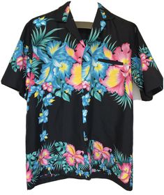 -Gently used Vintage Hawaiian shirt -Unsure of brand because tag is cut out -Feels like Polyester -Shows some light wear   -Has a wear mark close to the bottom button that is shown in the pictures   -Has a couple small snags close to the hem that are also shown -Size tag cut out but fits like a Large -Measurements with shirt laying flat   -Underarm to Underarm - 23"   -Shoulder to Shoulder - 18 1/2"   -Shoulder to Hem - 29 1/4" Vintage Hawaiian Shirts, Vintage Hawaiian, Hawaiian Shirts, Black Button, Hawaiian Shirt, Hibiscus, Orchids, Pink Blue, Blue Black