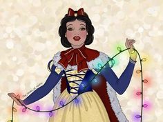 a woman dressed up as snow white holding a string of christmas lights in her hand