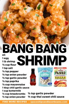 an ad for bang bang shrimp with the recipe in it and ingredients to make it