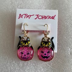 Selling To Buy Betsey Pieces I Need. This Is From The Halloween Collection. The Earrings Are Leverbacks. They Are Of Gorgeous Black Cats With A Fuchsia Glitter Pumpkin. Nwt Pink Dangle Jewelry For Halloween, Pink Halloween Party Earrings, Nickel-free Earrings For Halloween Party, Nickel Free Earrings For Halloween Party, Nickel-free Halloween Party Earrings, Nickel Free Halloween Party Earrings, Glitter Pumpkins, Betsey Johnson Earrings, Mismatched Earrings