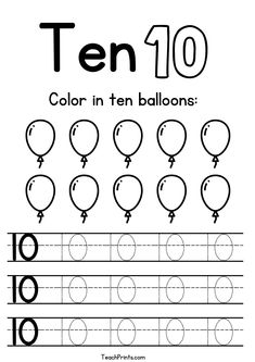 the number ten balloon worksheet for kids to learn how to write and color